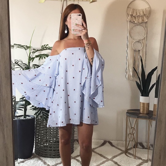 striped embroidery rose off shoulder dress - Picture 2 of 2